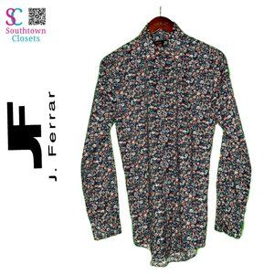 JF J. Ferrar Blue & Red Floral Print Button Down Shirt, 60% Cotton 40% Polyester